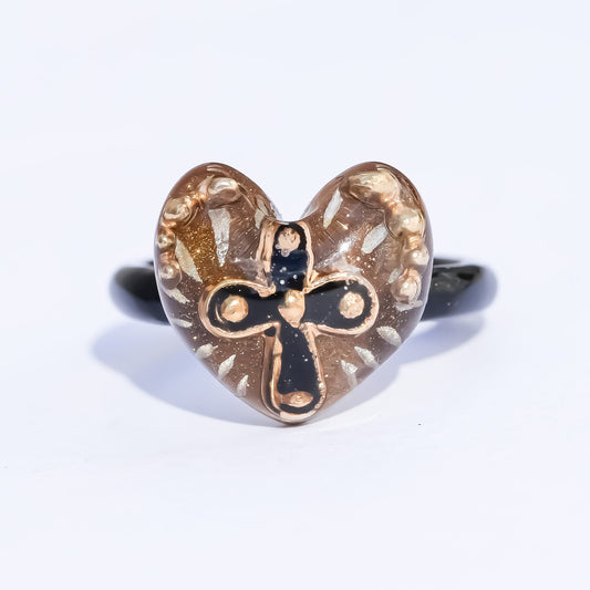 The Sacred Cross Heart Ring - Gold × Black / #6