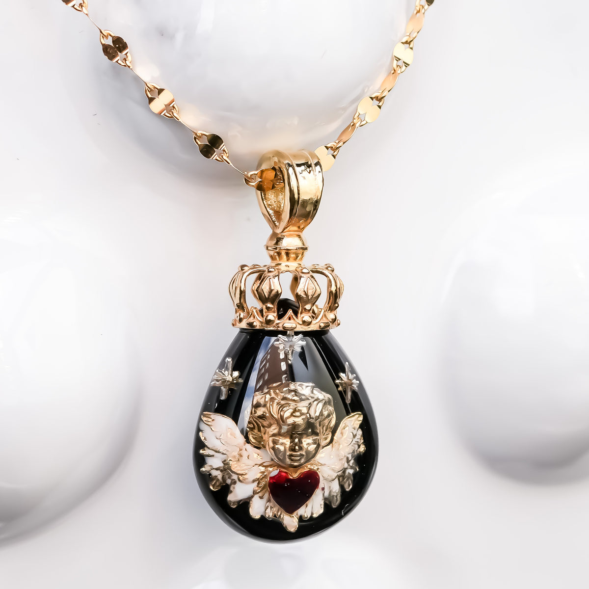 The Crowned Cherub Drop Necklace - Black × Gold