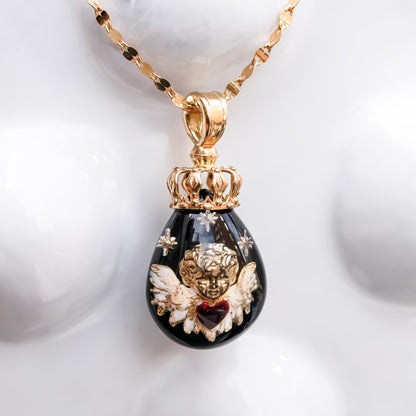 The Crowned Cherub Drop Necklace - Black × Gold