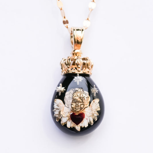 The Crowned Cherub Drop Necklace - Black × Gold