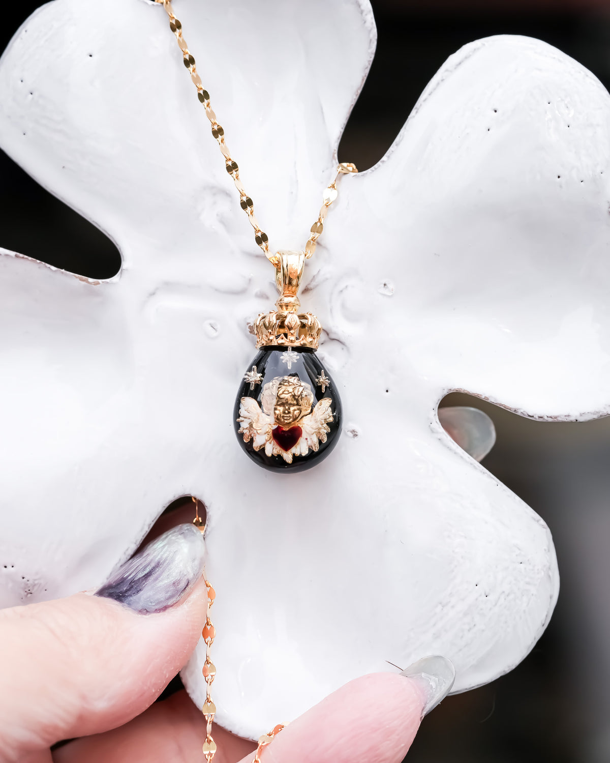 The Crowned Cherub Drop Necklace - Black × Gold