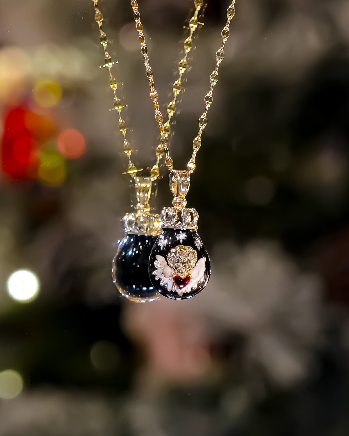 The Crowned Cherub Drop Necklace - Black × Gold