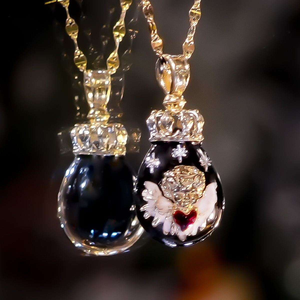 The Crowned Cherub Drop Necklace - Black × Gold