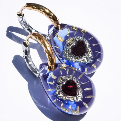 Sacred Heart Drop Pierced Earrings - Purple Blue × Red