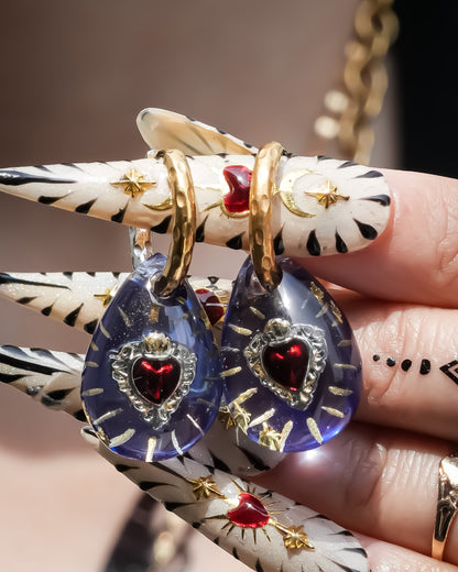 Sacred Heart Drop Pierced Earrings - Purple Blue × Red