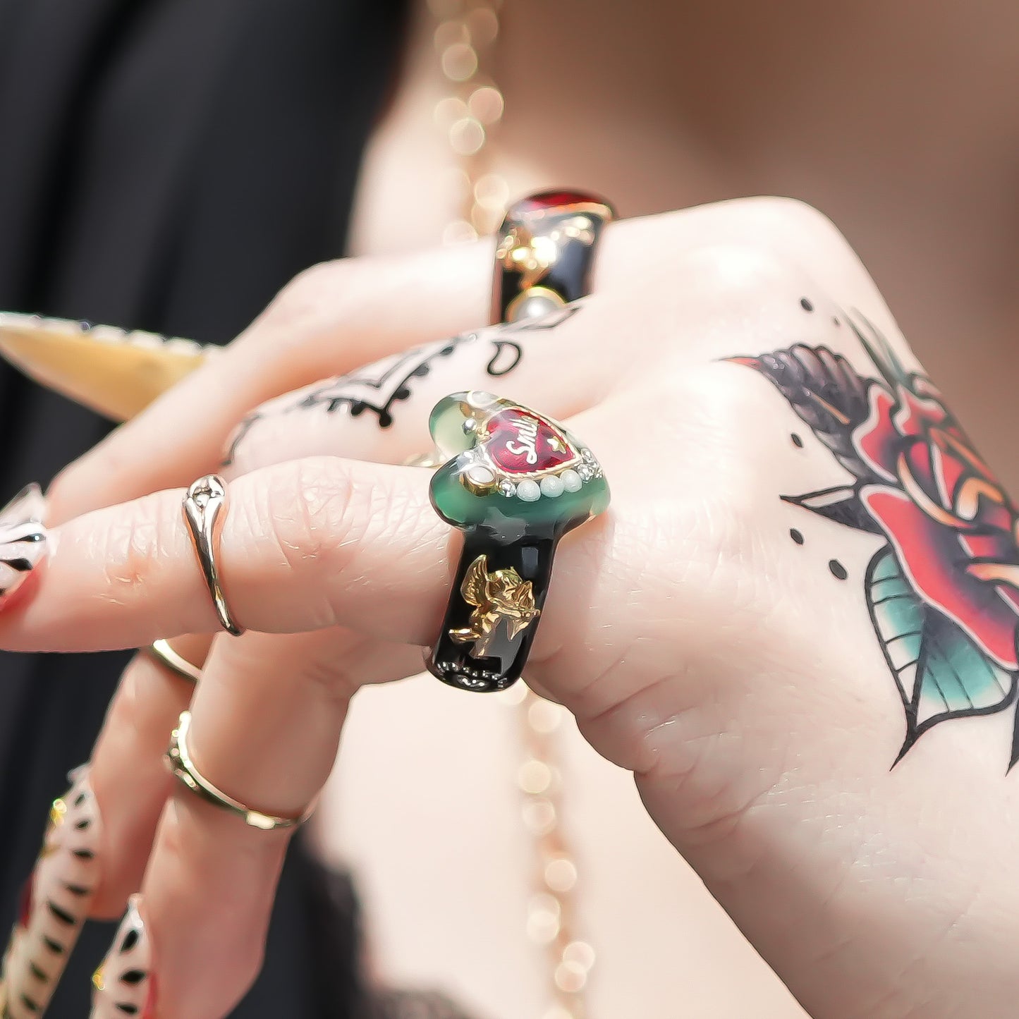 LOVE SMILE RING / HEART / GREEN × BLACK / #6
