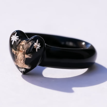 Bear Small Heart Ring - Black / #9 #12 #17