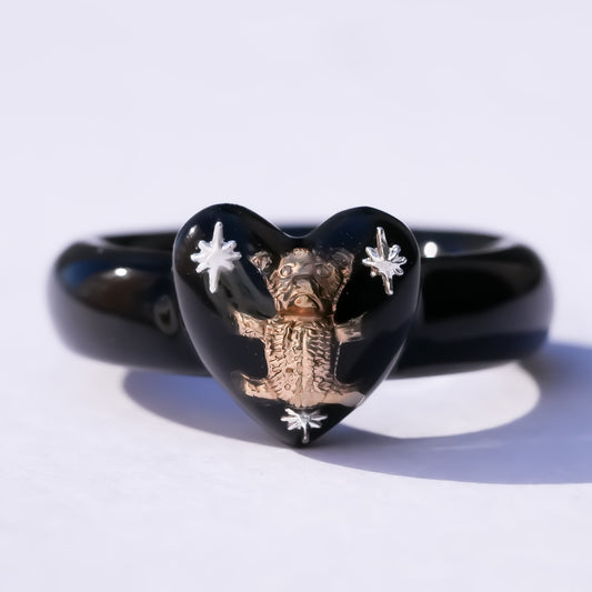 Bear Small Heart Ring - Black / #9 #12 #17
