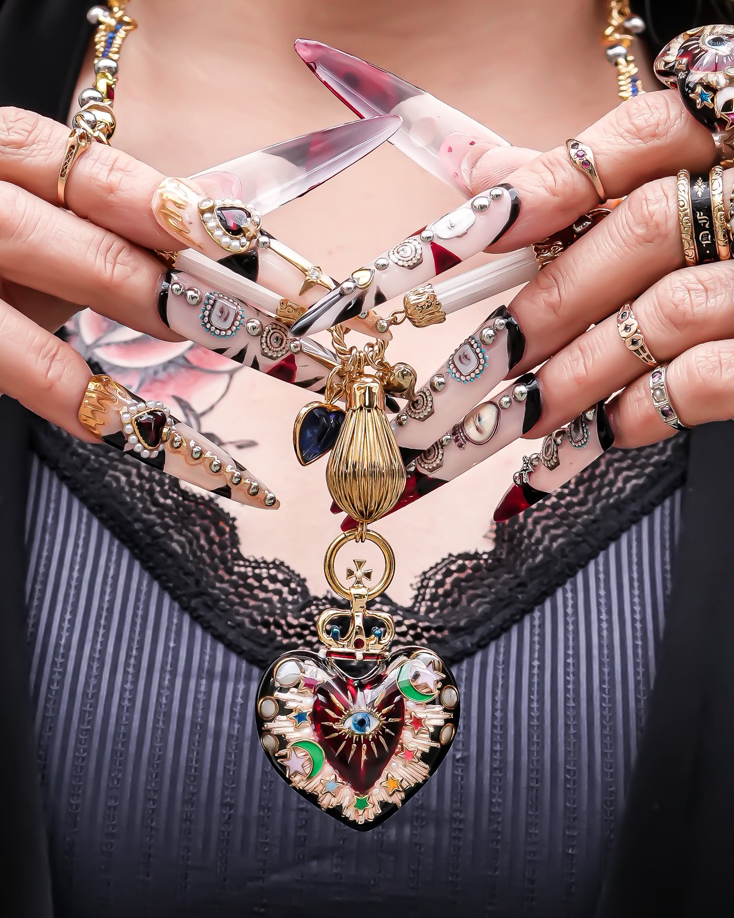 Sacred Heart Eye Necklace - Black × Red × Rainbow / Medium