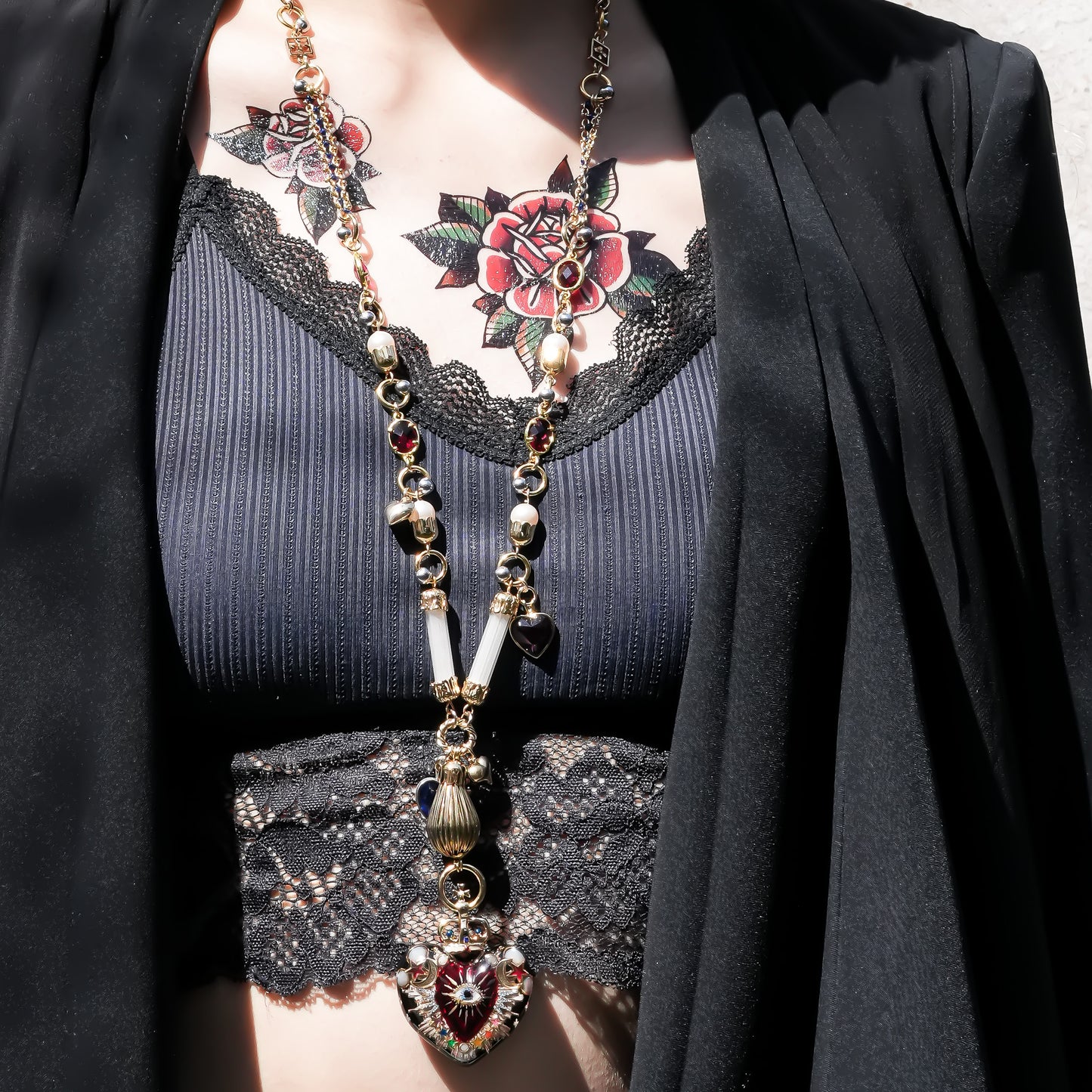 Sacred Heart Eye Necklace - Black × Red Radiant × Rainbow / Medium