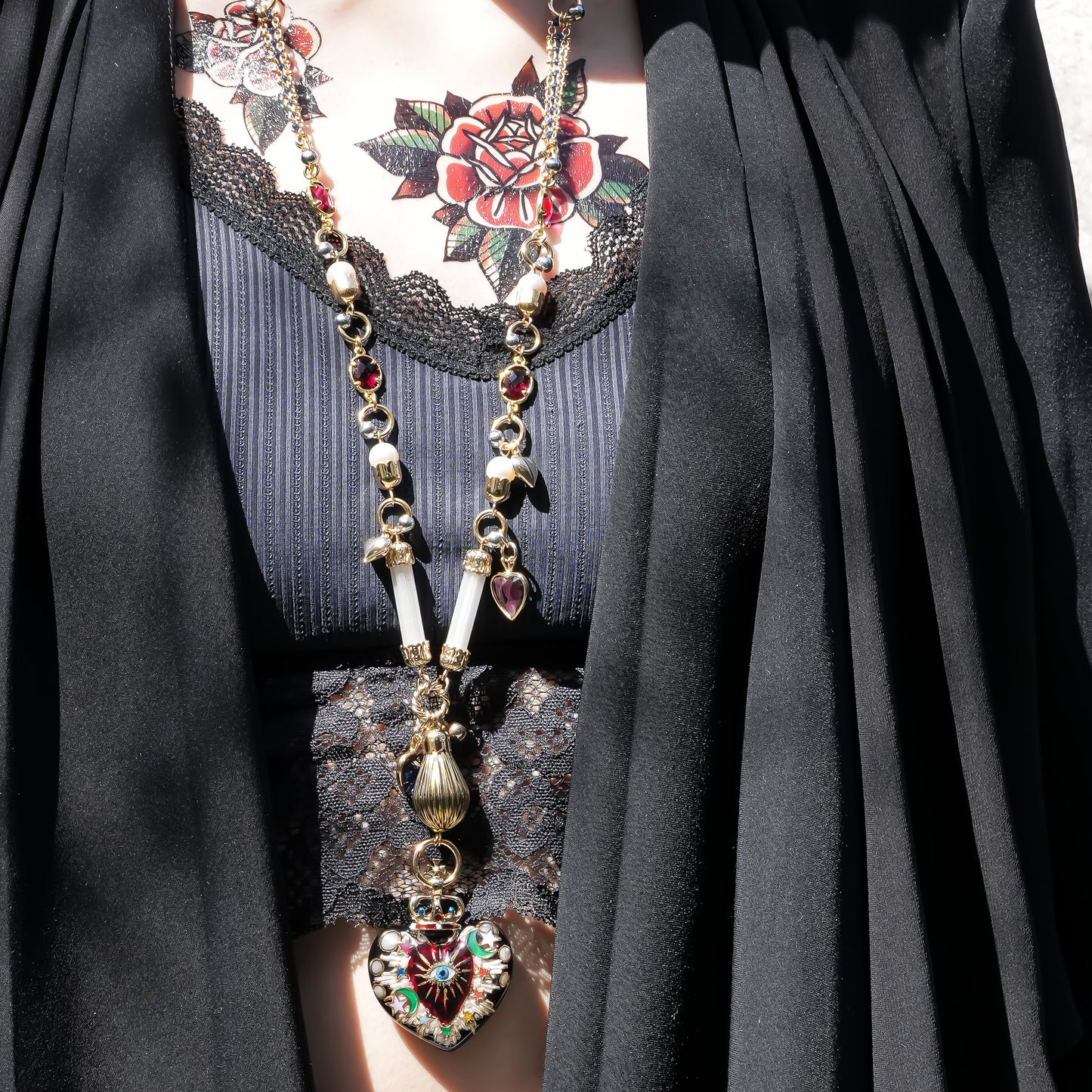 Sacred Heart Eye Necklace - Black × Red × Rainbow / Medium