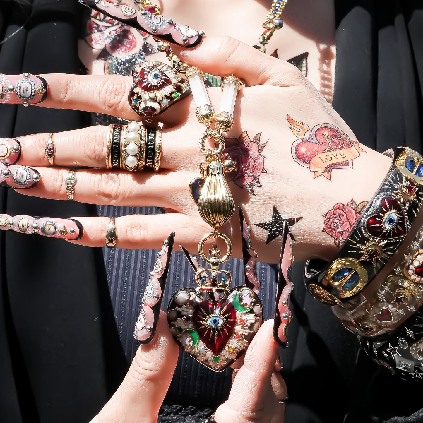 Sacred Heart Eye Necklace - Black × Red × Rainbow / Medium