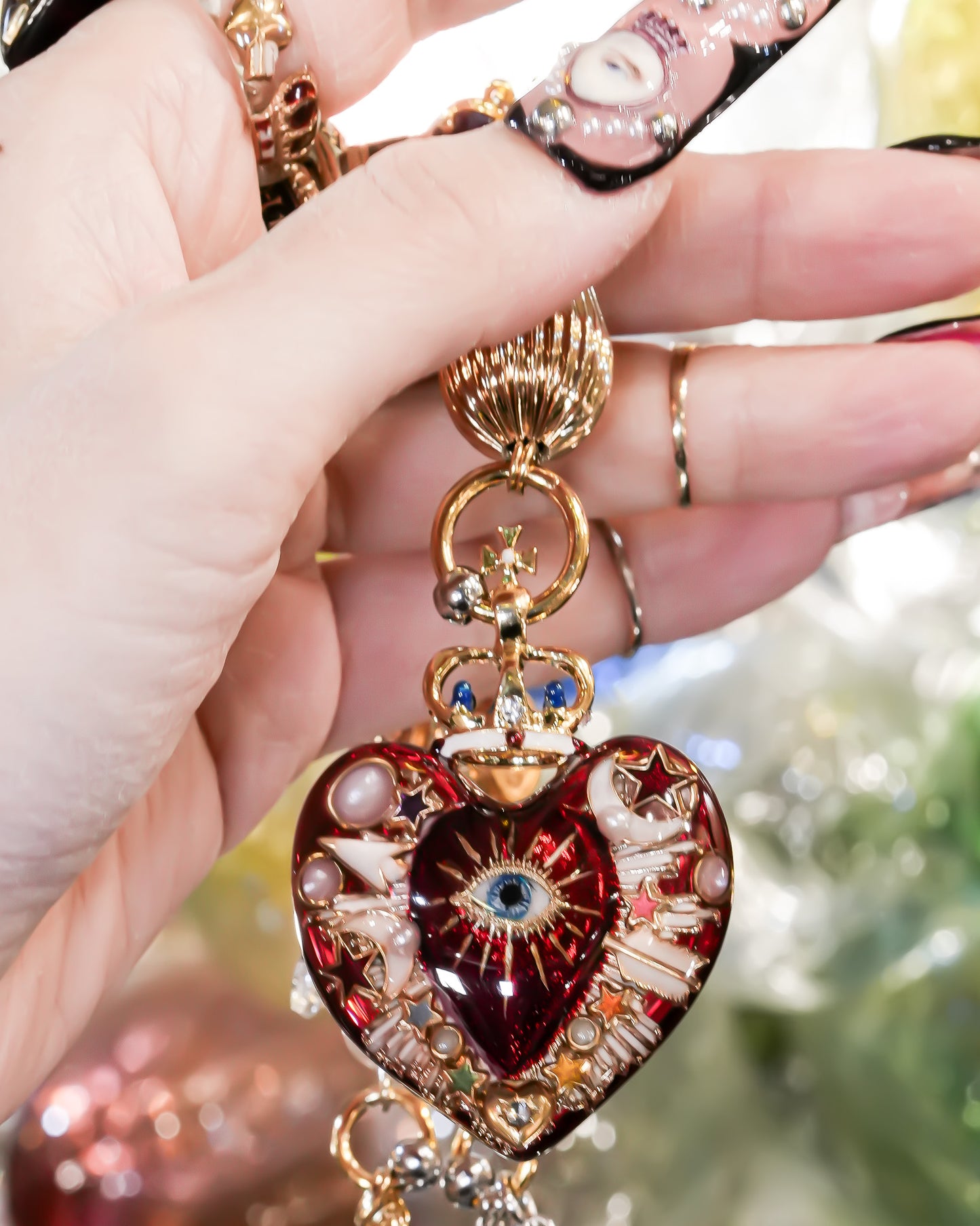 Sacred Heart Eye Necklace - Red × Red × Rainbow / Medium