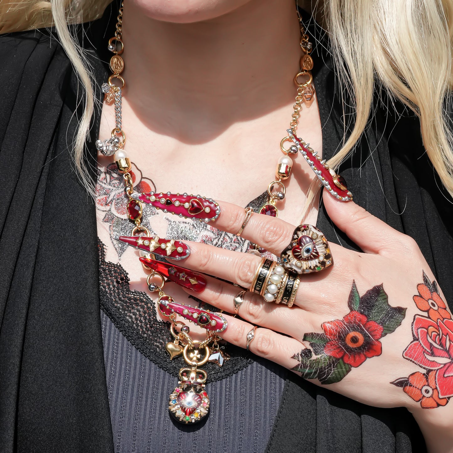 Sacred Heart Eye Necklace - Red × Gold Charm / Small