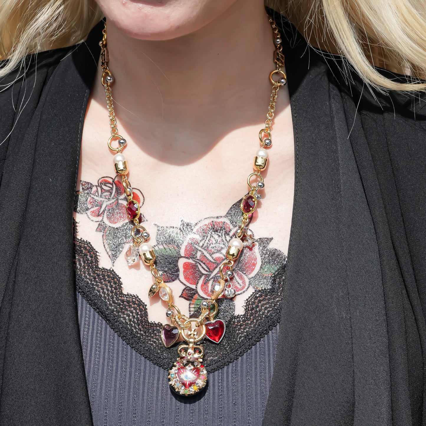 Sacred Heart Eye Necklace - Red × Rainbow Charm / Small