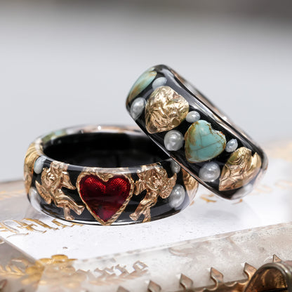 Angel heart turquoise and gold ring - black / #18