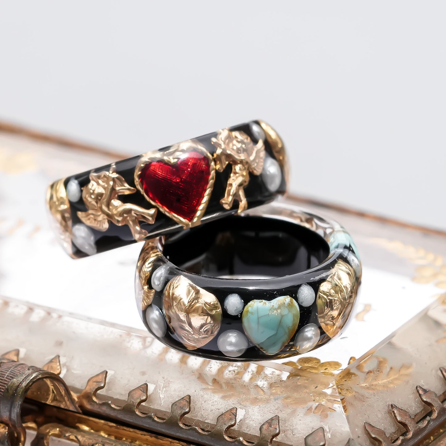 Angel heart turquoise and gold ring - black / #18