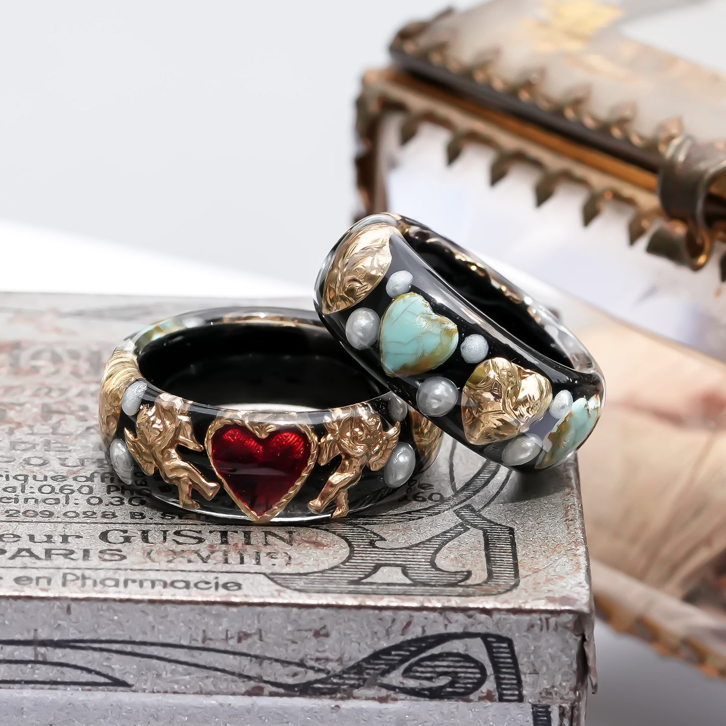 Angel heart turquoise and gold ring - black / #18