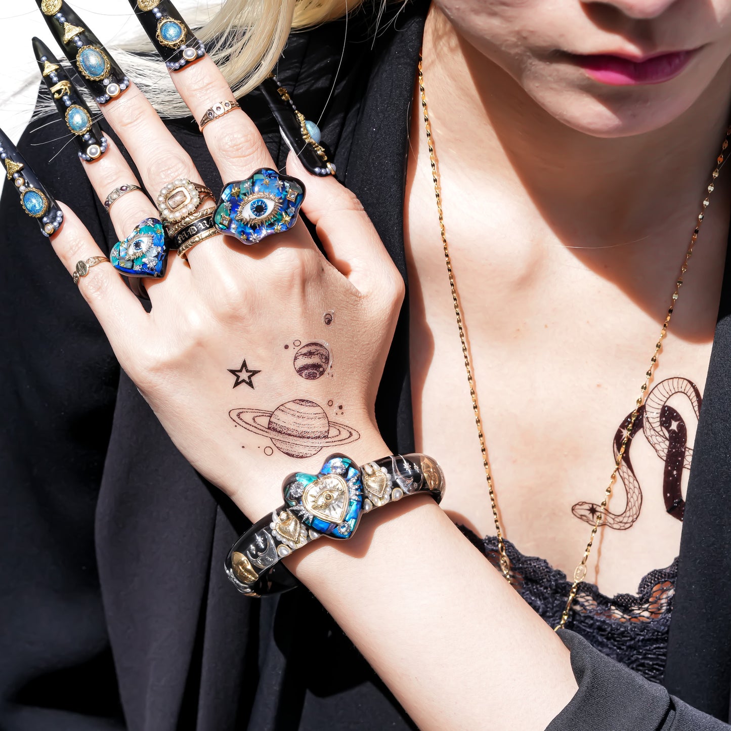 Mystic heart eye Bracelet -Black × Blue green × white
