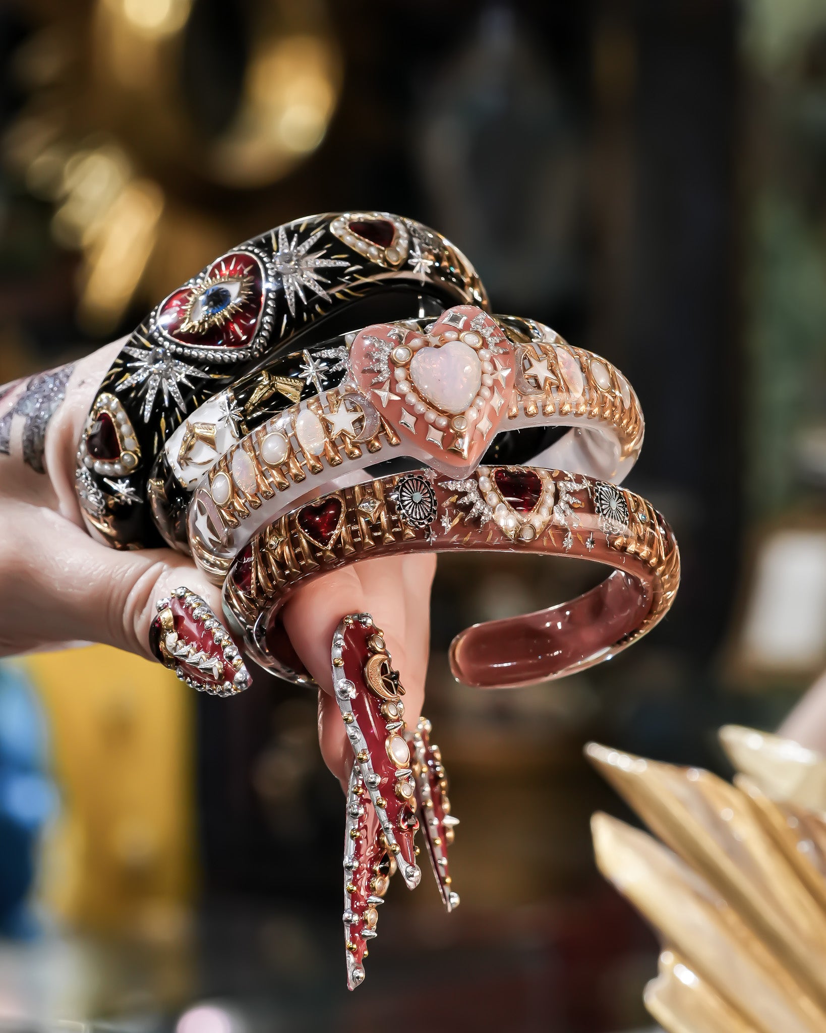 Opal Heart Crown Bangle – Smoky Pink & Gray – RUKA