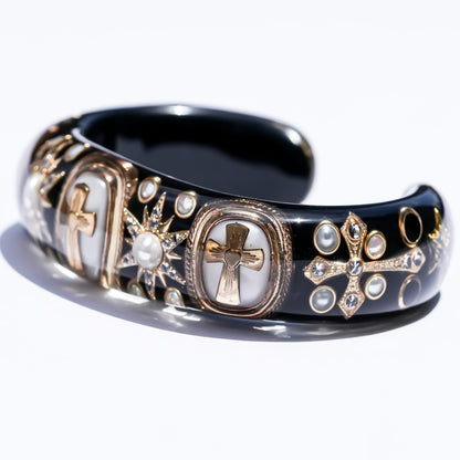 Sacred Cross Bracelet - Black × Pearl × Gold
