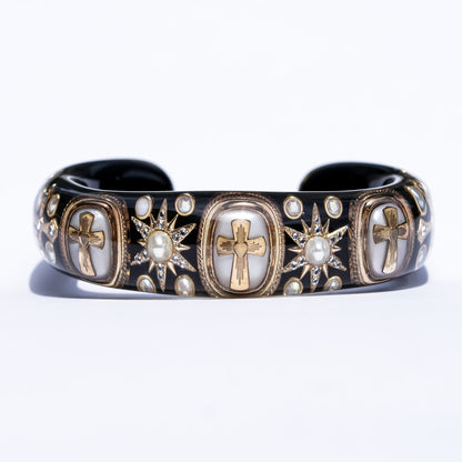 Sacred Cross Bracelet - Black × Pearl × Gold