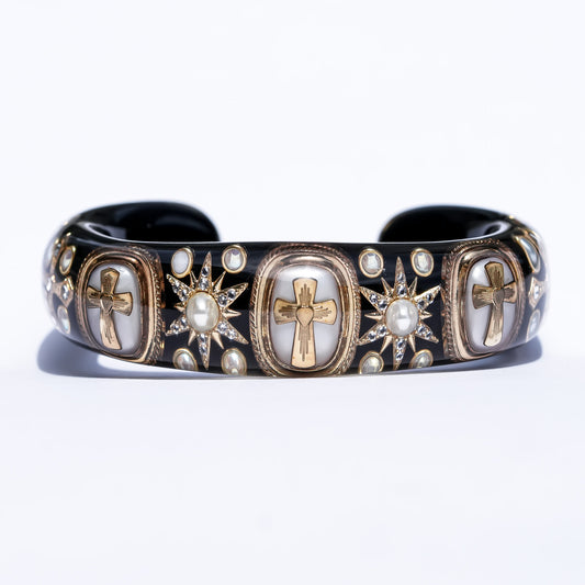 Sacred Cross Bracelet - Black × Pearl × Gold