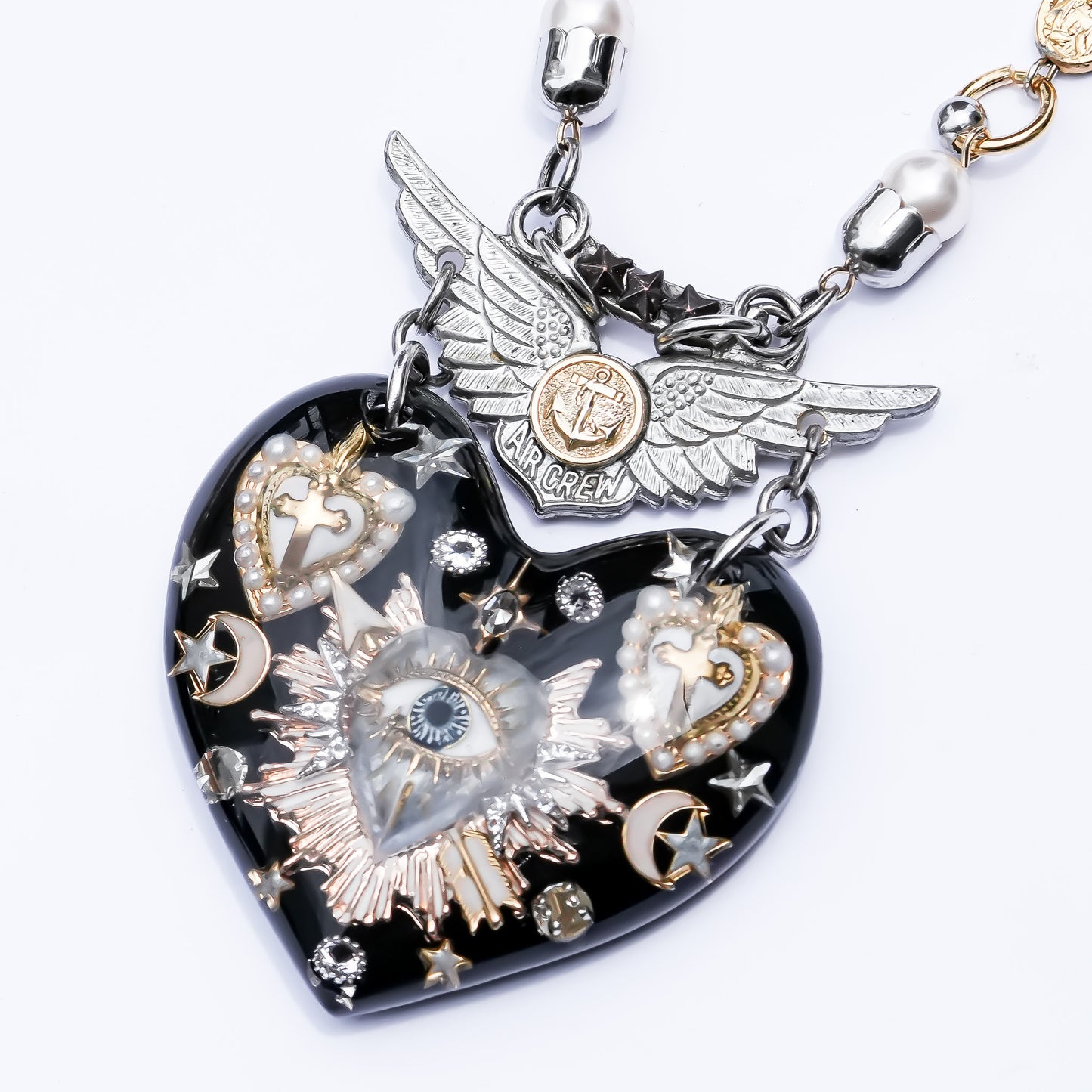 Winged Heart Necklace - Black × Silver Gold