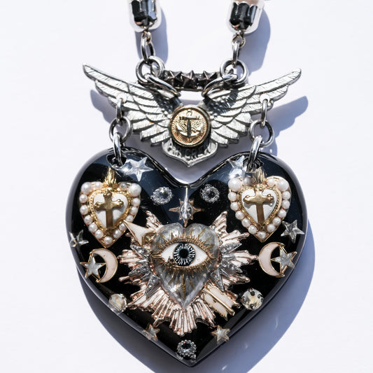 Winged Heart Necklace - Black × Silver Gold