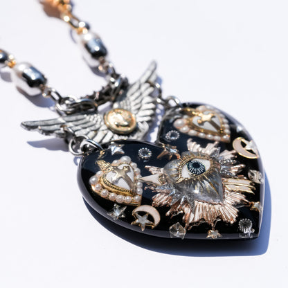 The Winged Guardian Eye Heart Necklace - Black × Silver