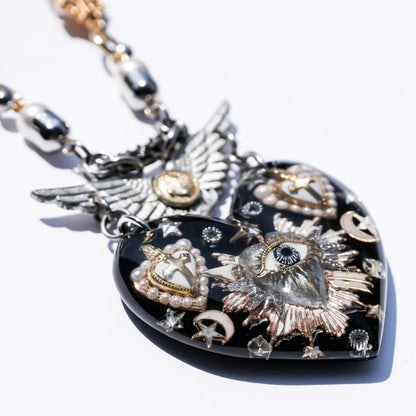 Winged Heart Necklace - Black × Silver Gold