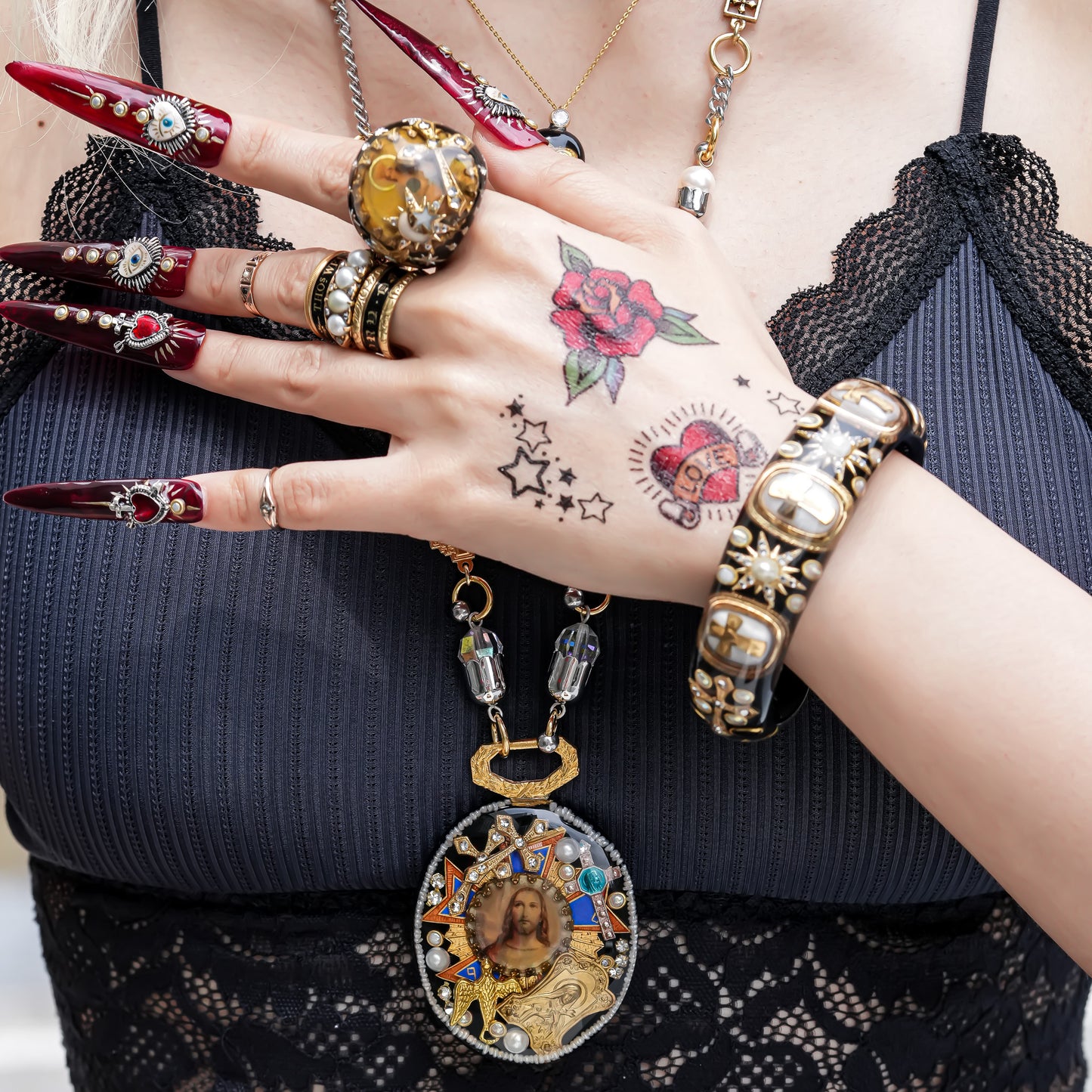 Antique Christ Medallion Necklace - Black × Brown