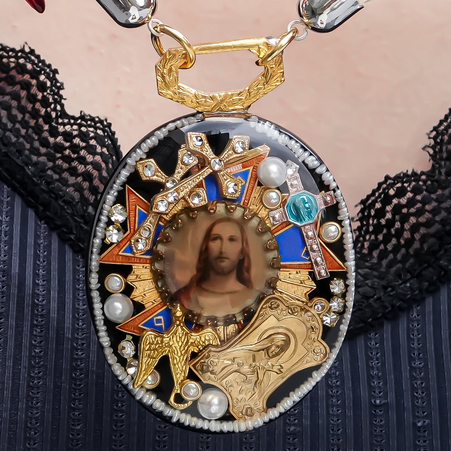 Antique Christ Medallion Necklace - Black × Brown
