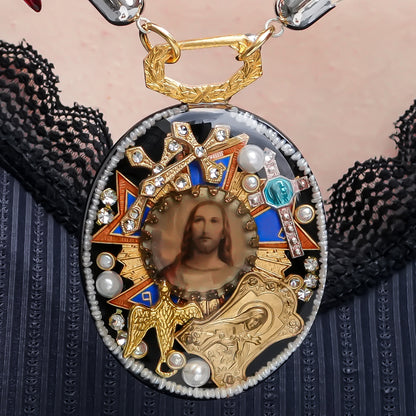 Antique Christ Medallion Necklace - Black × Brown