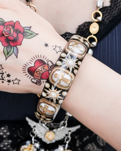 Sacred Cross Bracelet - Black × Pearl × Gold