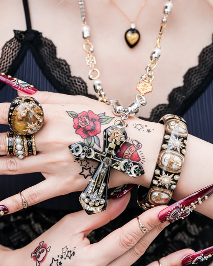 Sacred Cross Bracelet - Black × Pearl × Gold