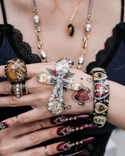 Sacred Heart Cross Bracelet - Black × Red