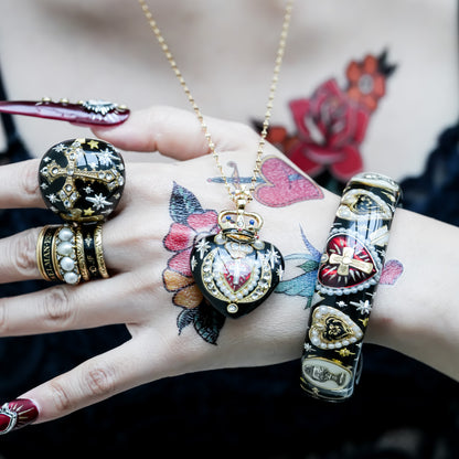 Crowned Sacred Heart Necklace - Black × Red
