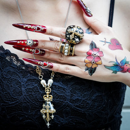 Crowned Pendulum Cross Necklace - Black