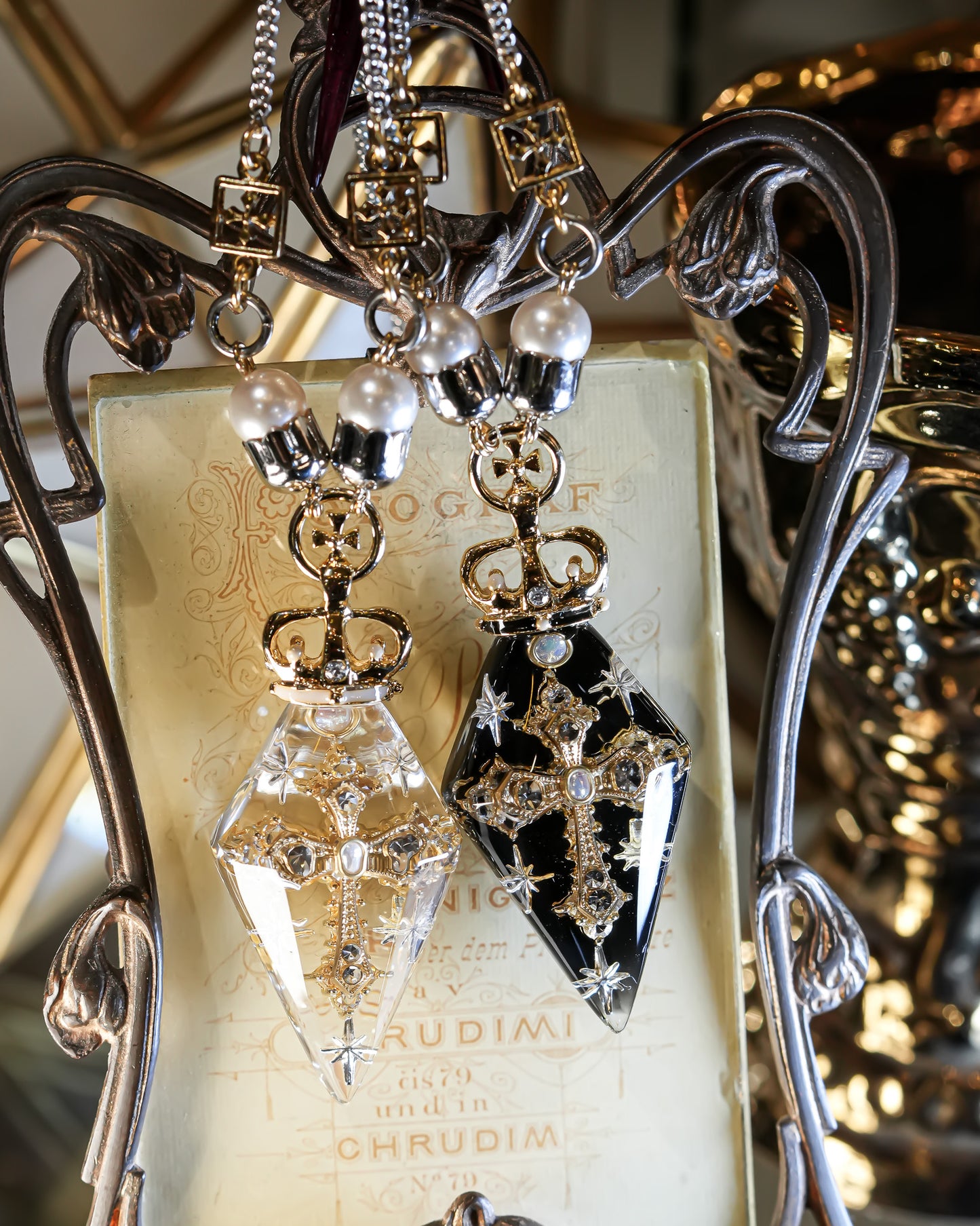 Crowned Pendulum Cross Necklace - Clear