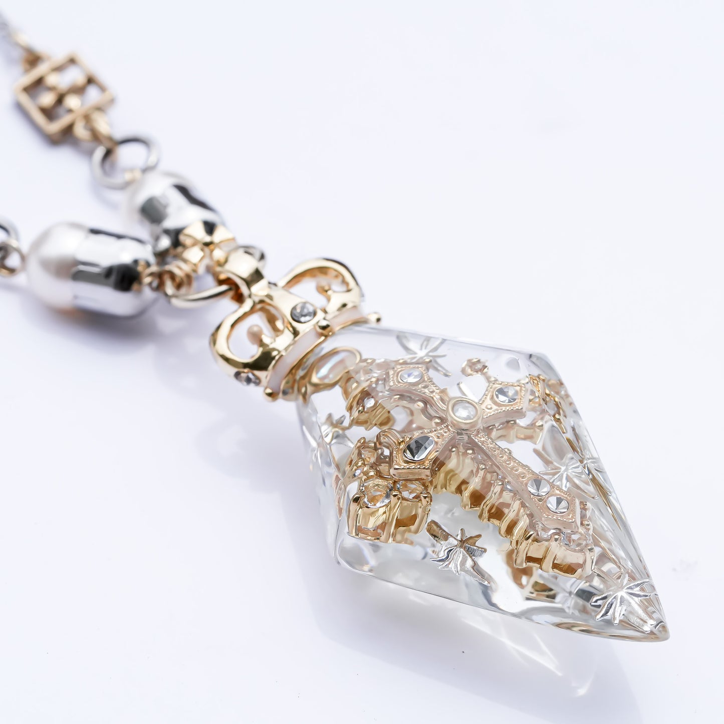 Crowned Pendulum Cross Necklace - Clear