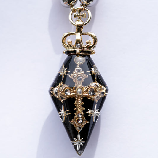Crowned Pendulum Cross Necklace - Black