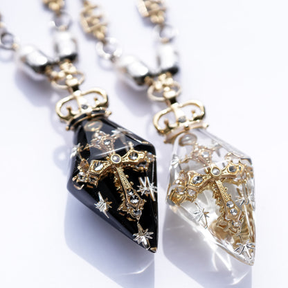 Crowned Pendulum Cross Necklace - Black