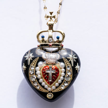 Crowned Sacred Heart Necklace - Black × Red