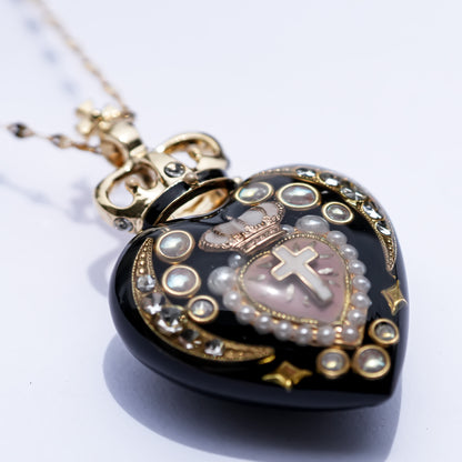 Crowned Sacred Heart Necklace - Black × Smoky Pink