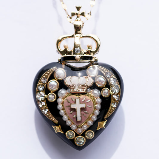 Crowned Sacred Heart Necklace - Black × Smoky Pink