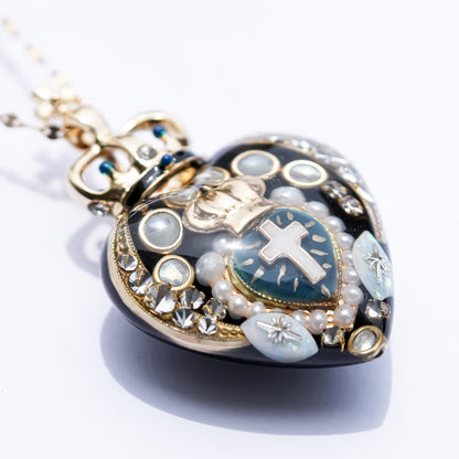 Crowned Sacred Heart Necklace - Black × Smoky Blue