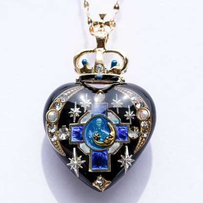 Crowned Sacred Heart Necklace - Black × BlueCross