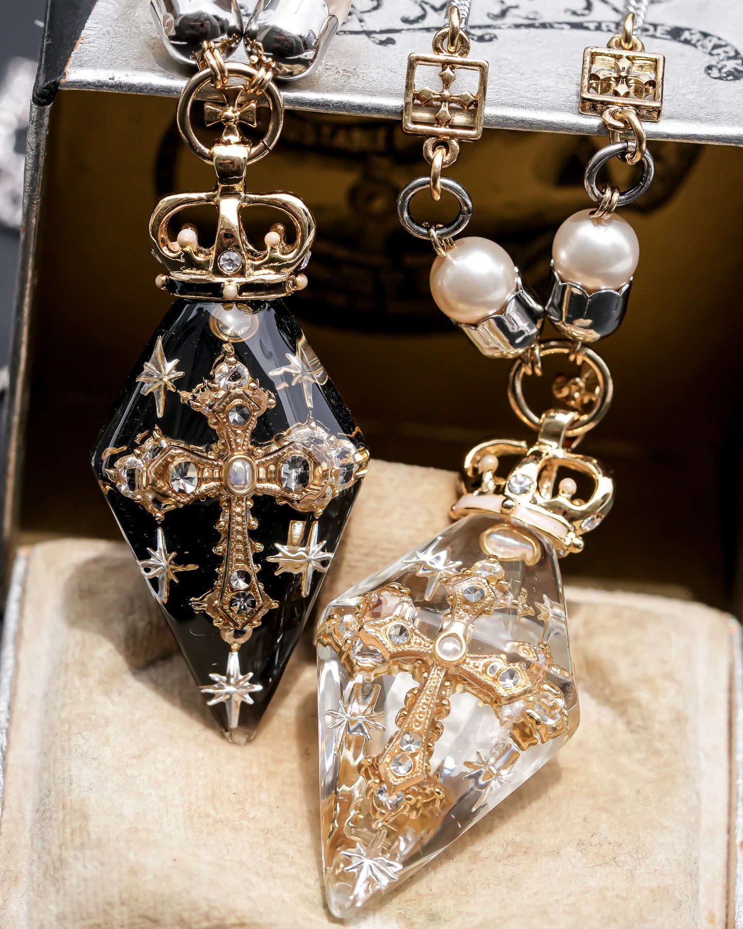 Crowned Pendulum Cross Necklace - Clear