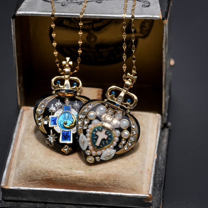 Crowned Sacred Heart Necklace - Black × BlueCross